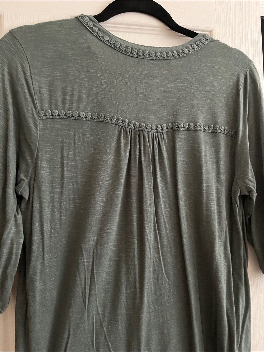 Democracy Olive Green Embroidered Button-Front Henley Blouse - Picture 5 of 7